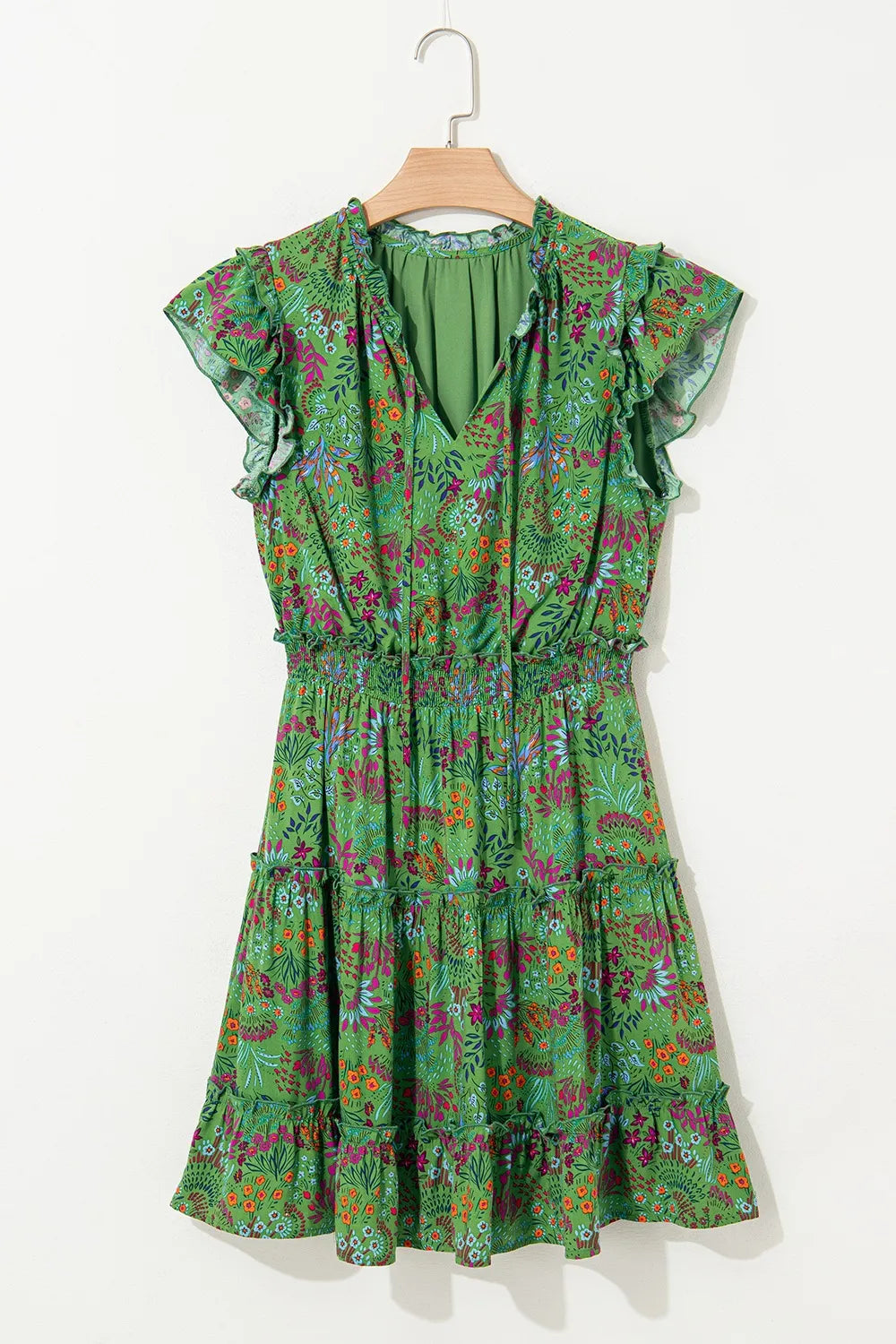 Floral Tie Split Neck Frilly Ruffle Trim Tiered Short Dress