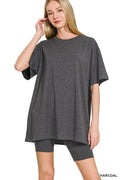Zenana Cotton Round Neck Top & Biker Shorts