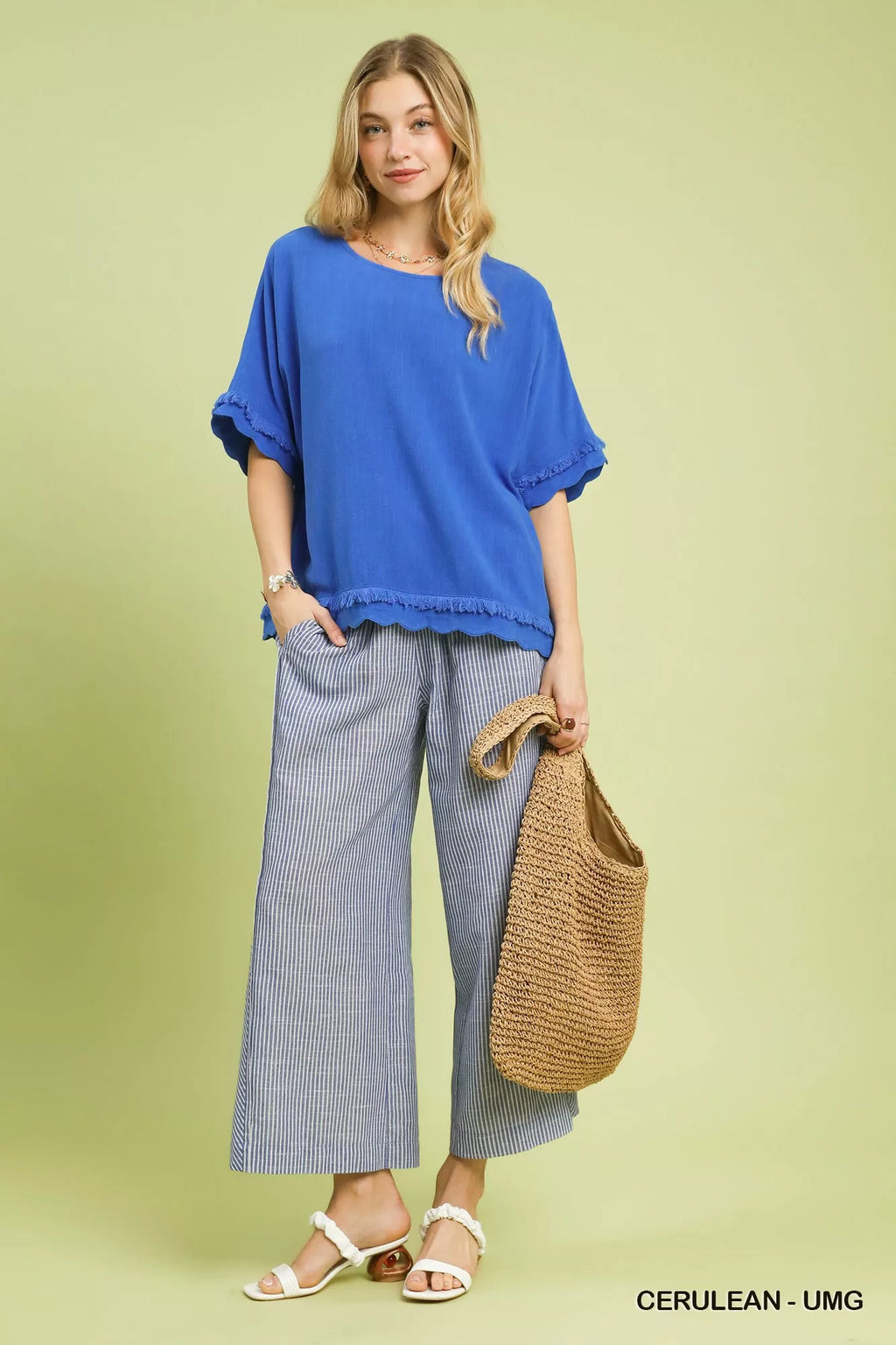 Umgee Linen Frayed Hem Scallop Edge Top