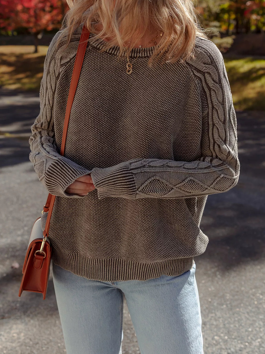 Contrast Cable Knit Sleeve Casual Sweater
