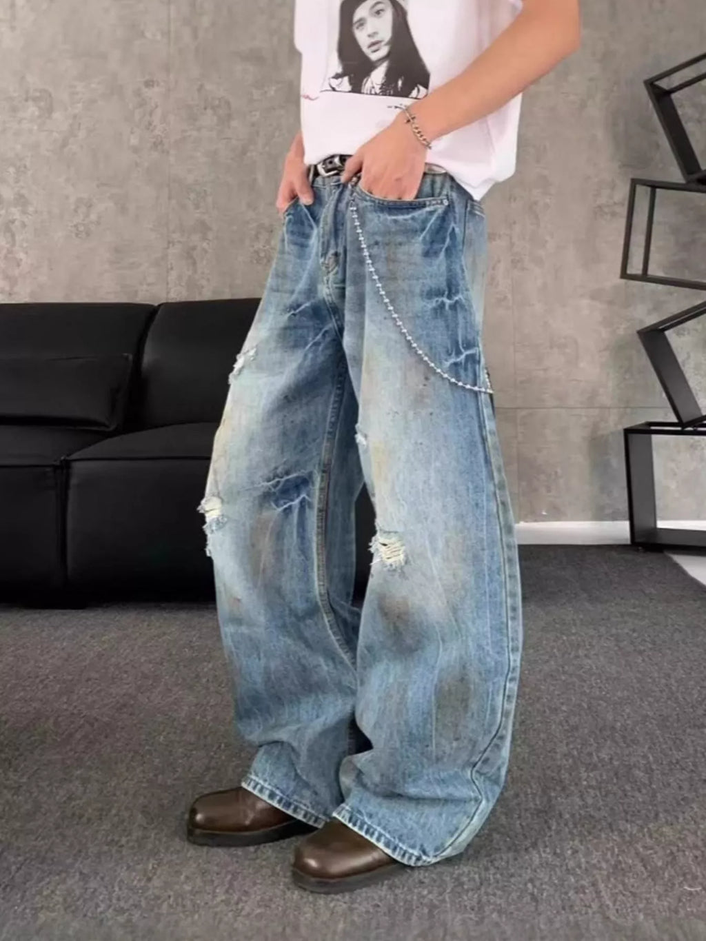 Men's Full Size Distressed Wide Leg Jeans Plus Size