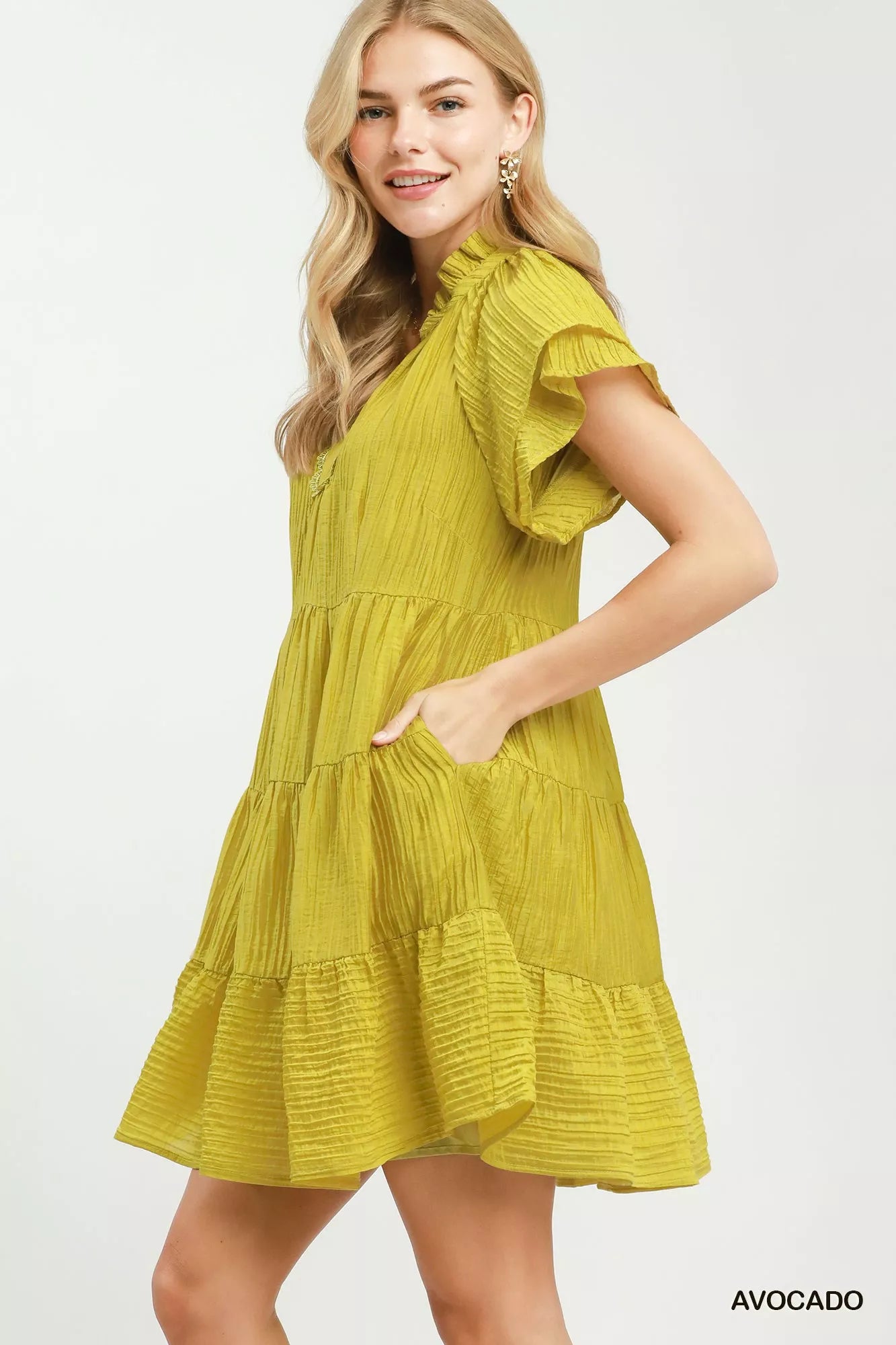 Umgee Tiered Ruffle Sleeve Textured Mini Dress
