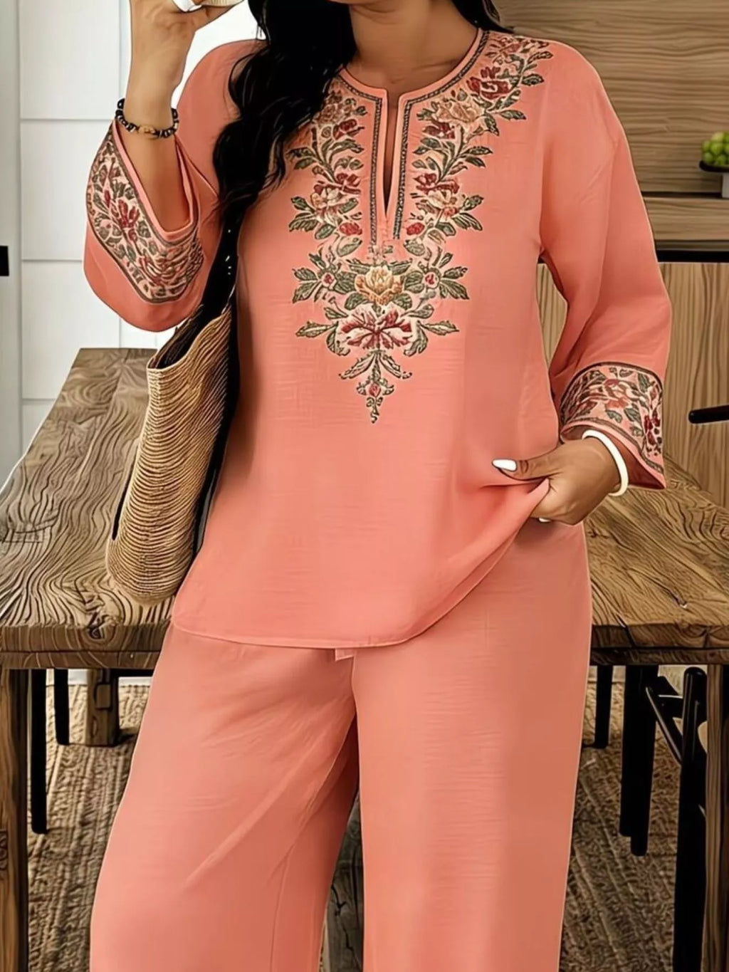 Full Size Embroidered Long Sleeve Top and Pants Set Plus Size