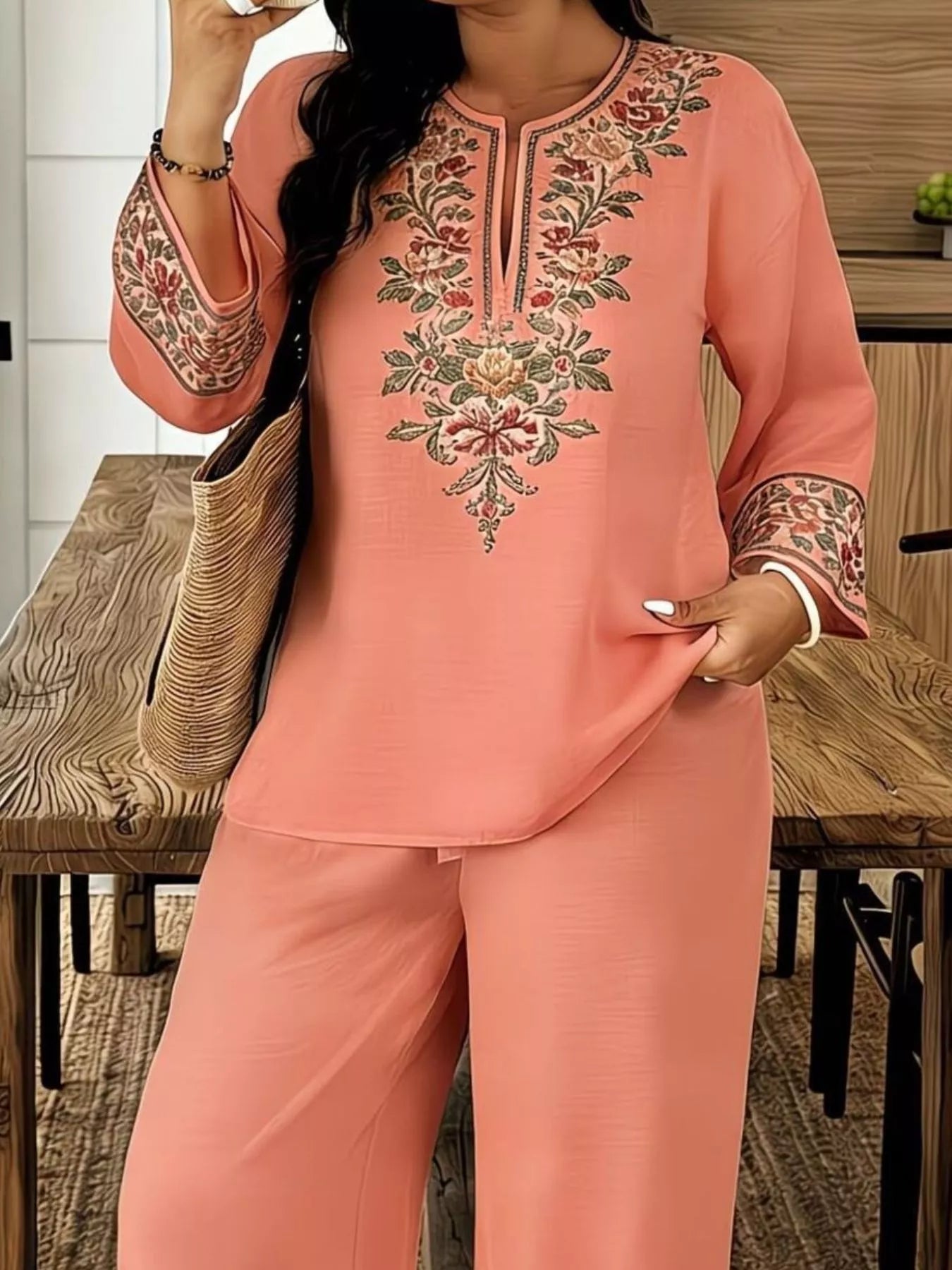 Full Size Embroidered Long Sleeve Top and Pants Set Plus Size