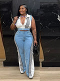 Zip Front Crop Top and Striped Pants Set