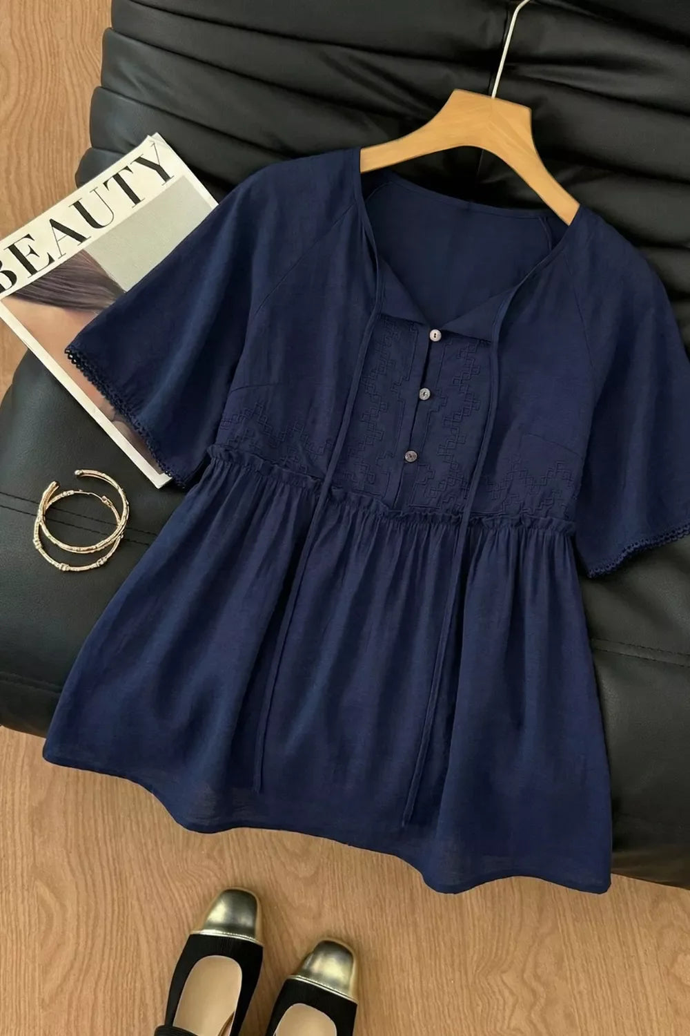 Ruffle Hem Tie Neck Blouse