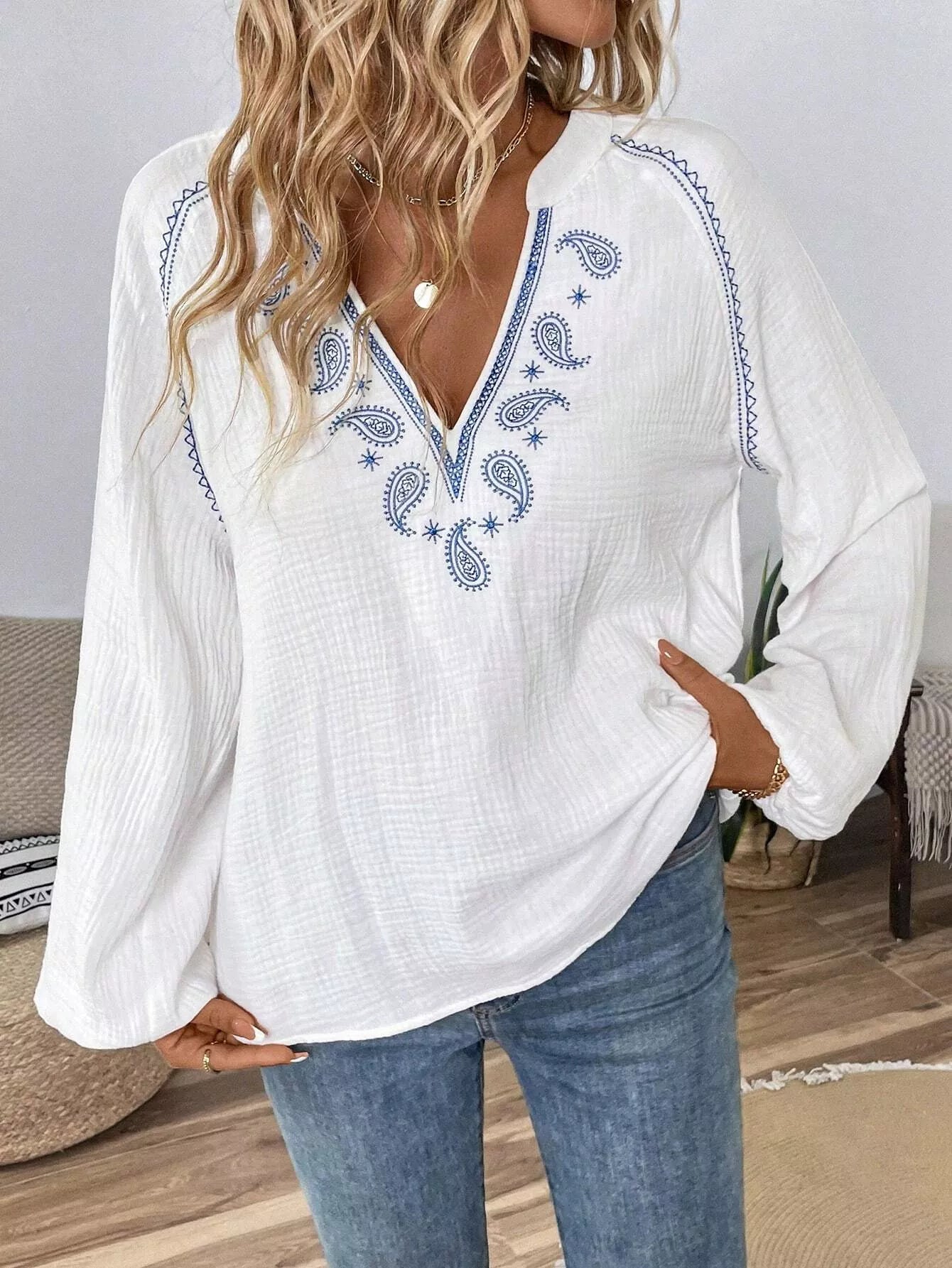 Paisley Notched Balloon Sleeve Blouse