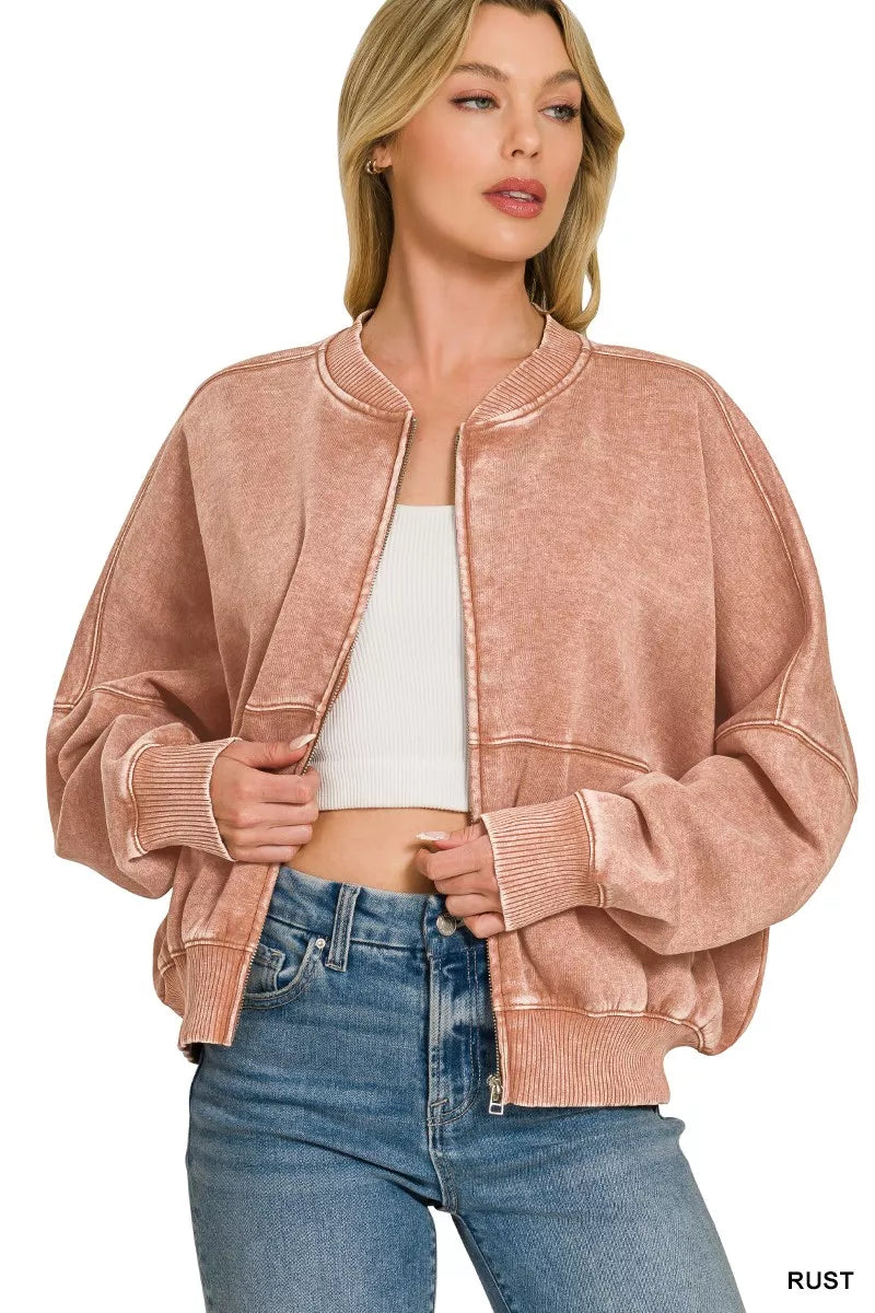 Zenana Acid Washed Fleece Jacket