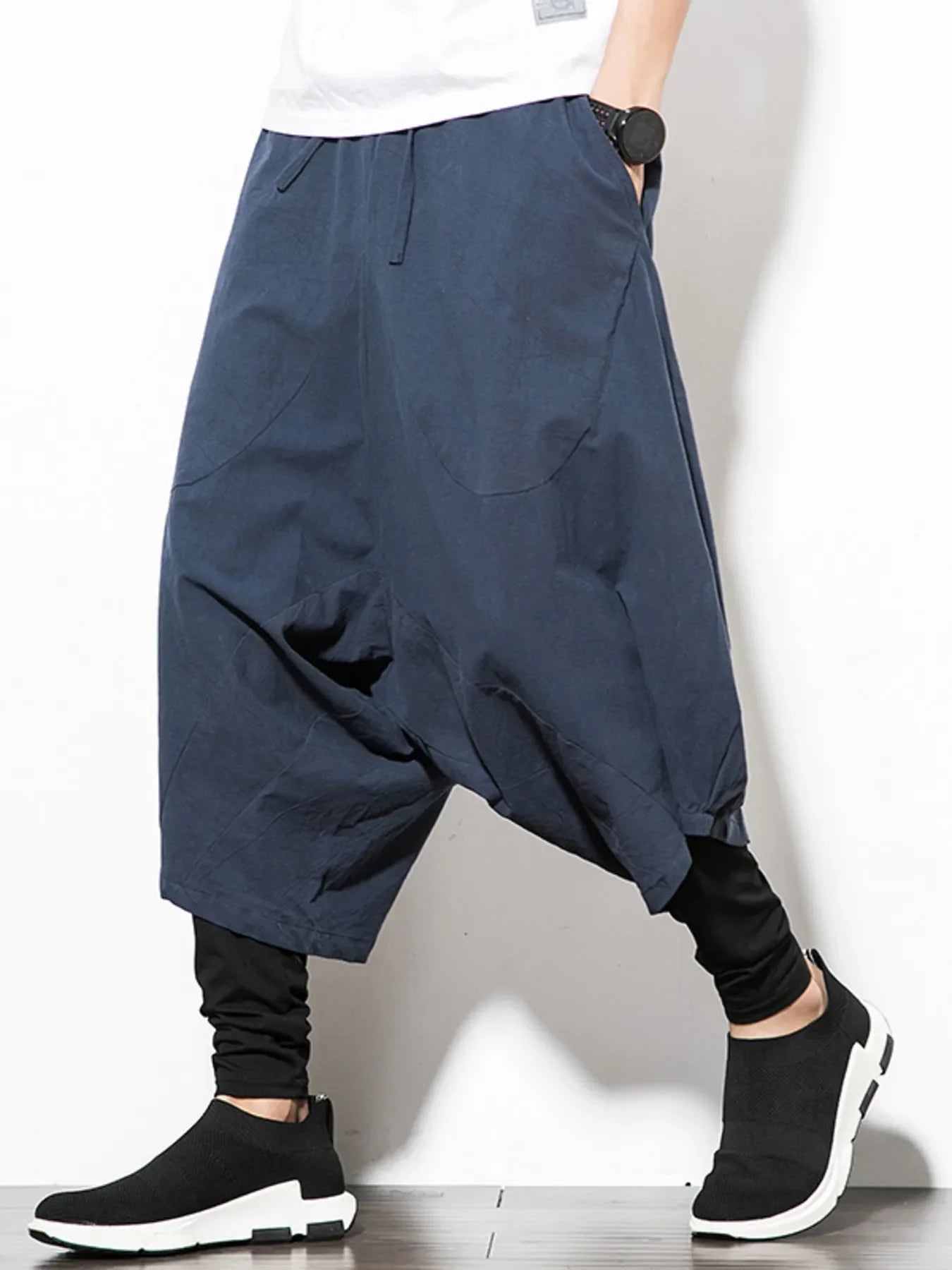 Men's Plus Size Wide Leg Drop Crotch Pants with Drawstring