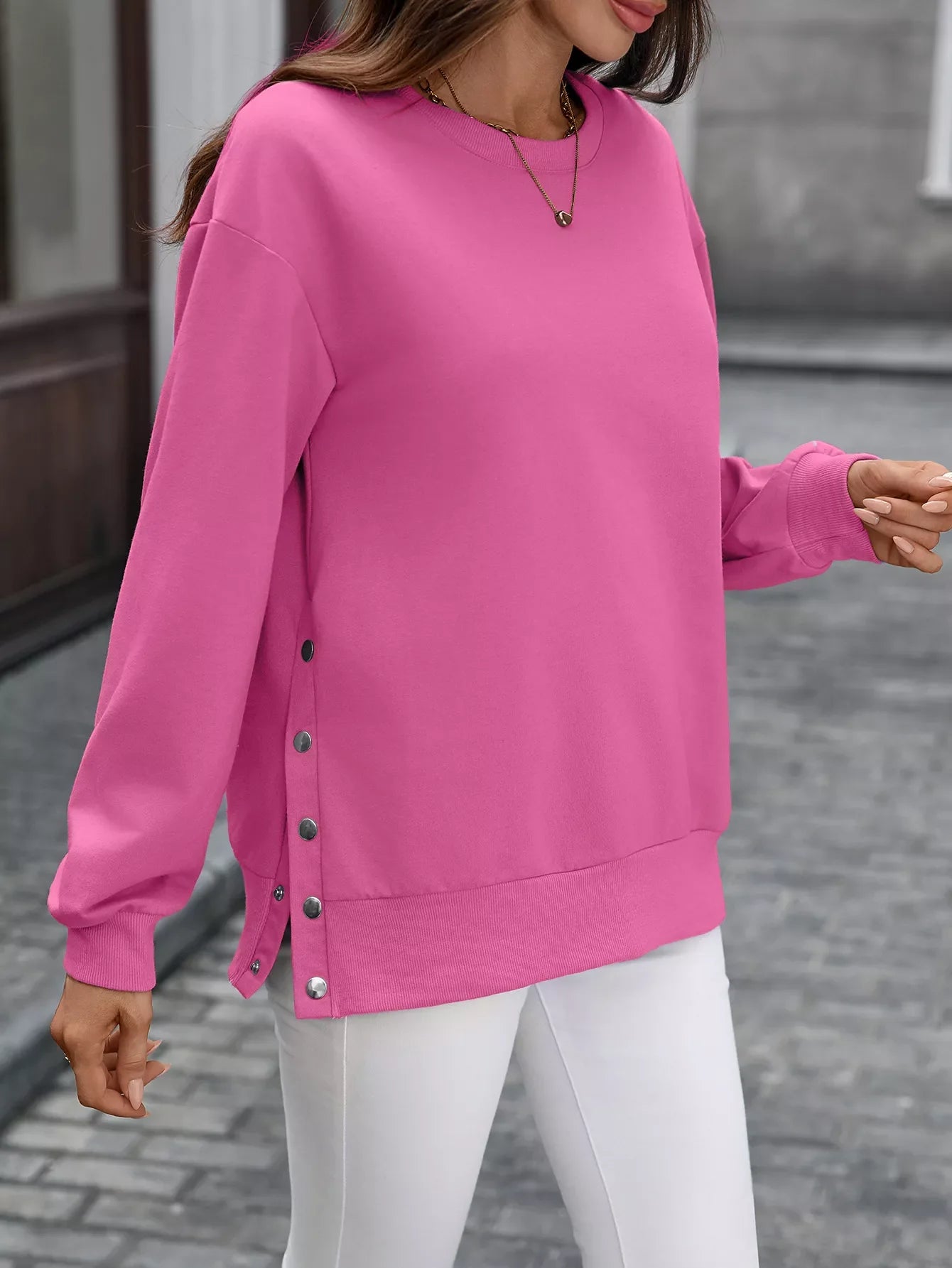 Side Snap Round Neck Sweatshirt