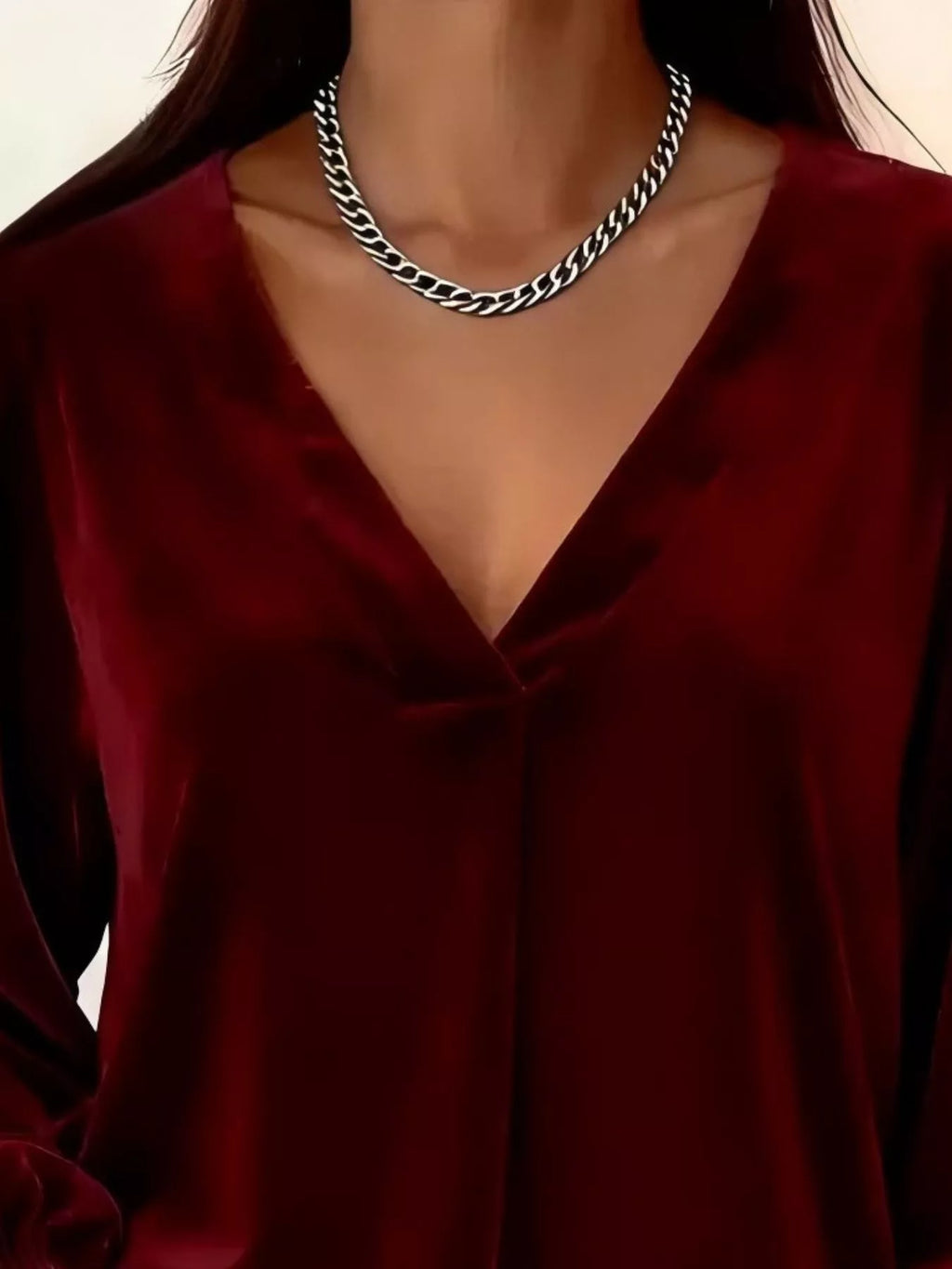 Full Size Velvet V-Neck Long Sleeve Blouse Plus Size