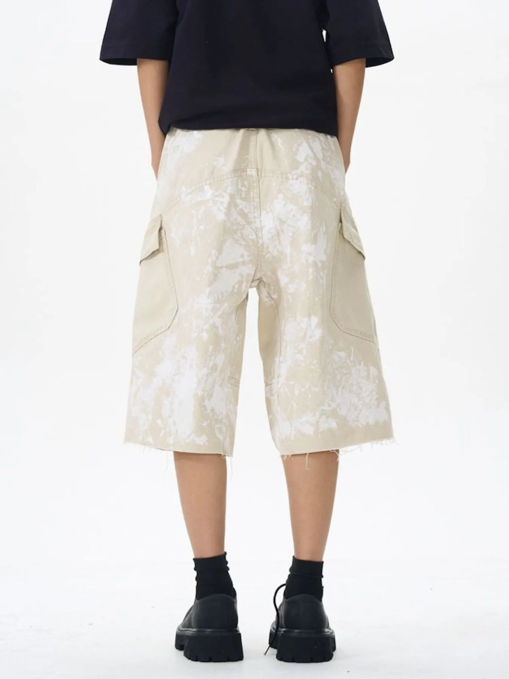 Men's Paint Splattered Cargo Bermuda Shorts with Distressed Edge Detail