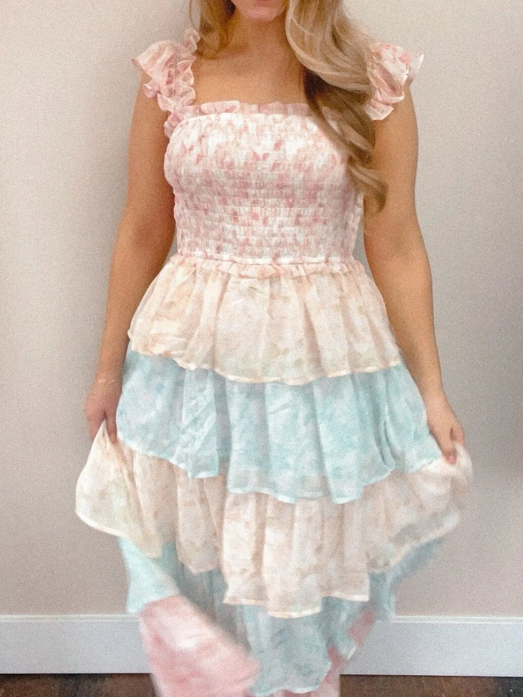Smocked Ruffle Layered Floral Midi Dress