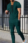 Men's Full Size Lace-Up Front Top and Pants Casual Set Plus Size