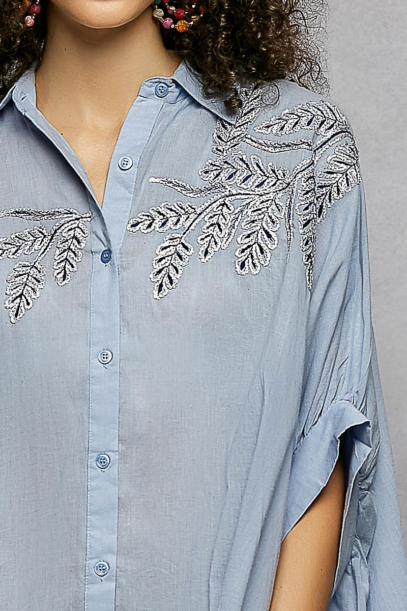 POL Button Down Embroidered Floral High-Low Hem Shirt