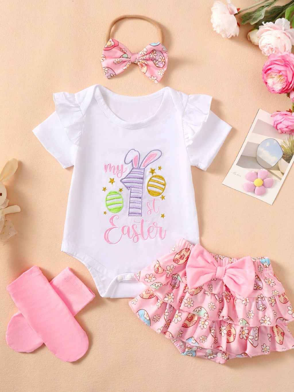 Children's Ruffled Trim Bodysuit and Skirt Set with Headband