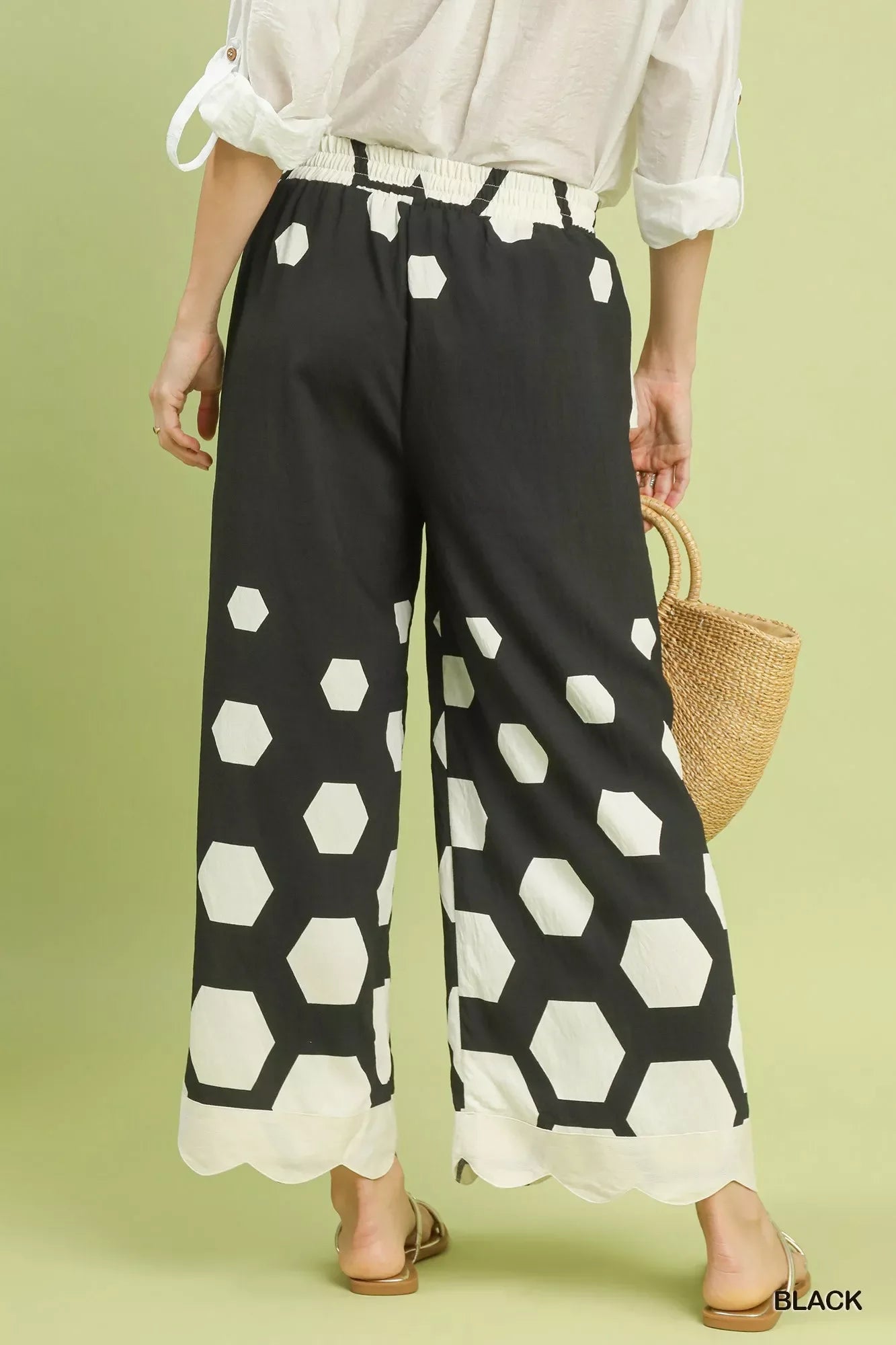 Umgee Hexagon Print Wide Leg Pants with Scalloped Hem