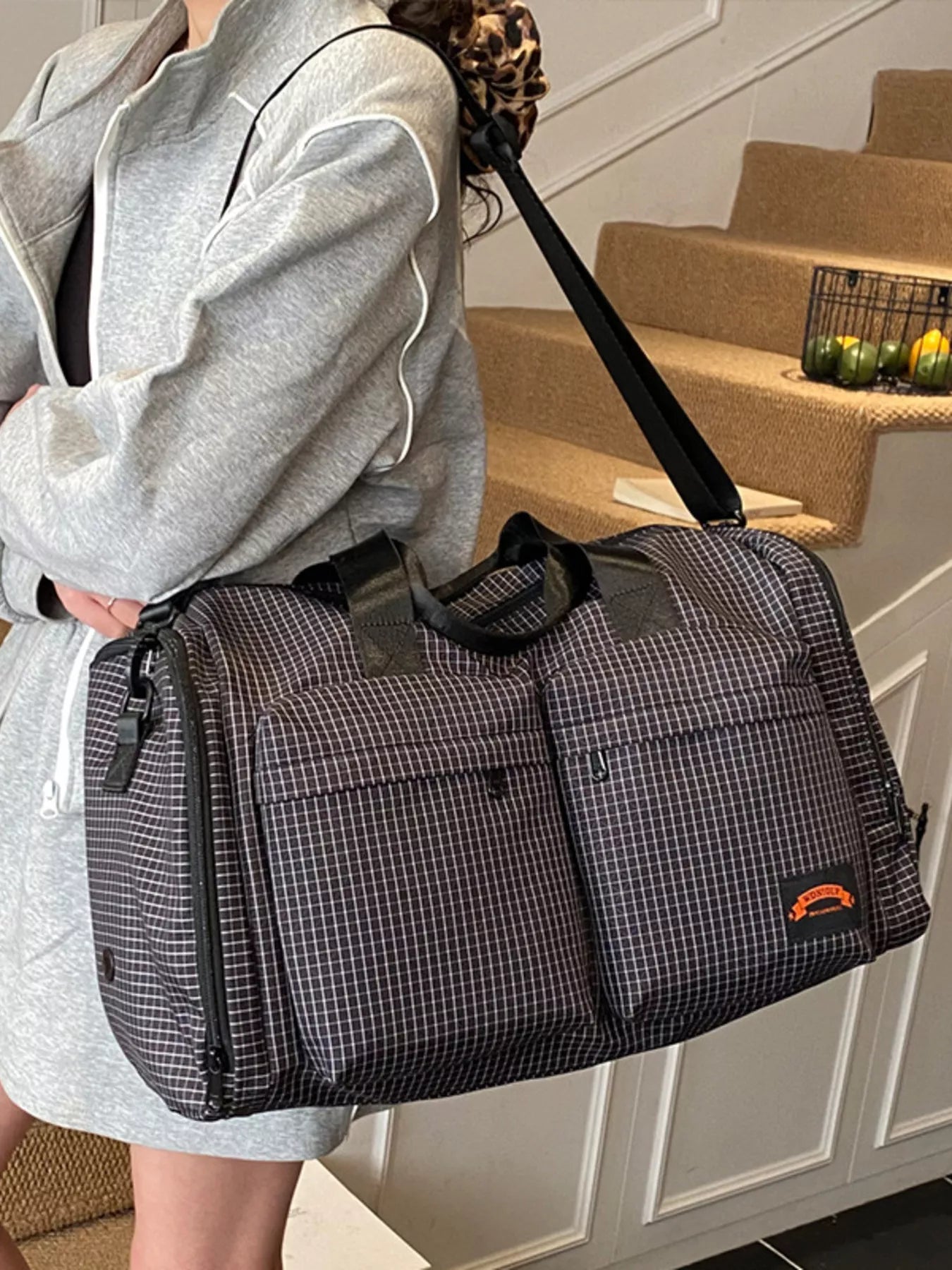 Plaid Duffel Bag with Multiple Pockets