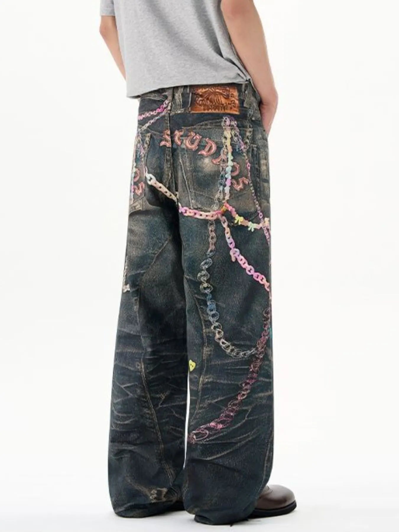 Men's Printed Washed Distressed Wide Leg Jeans