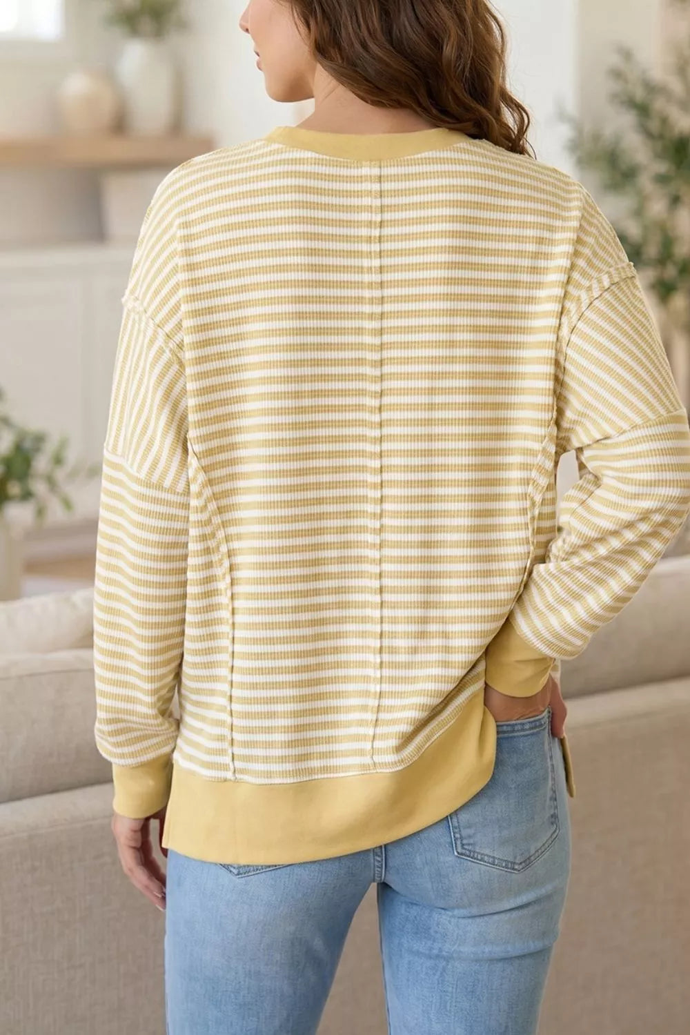 Stripe Textured Knit Color Block Trim Split Hem Long Sleeve Top