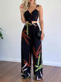 Tropical Print Spaghetti Strap Crop Top and Wide Leg Pants Set