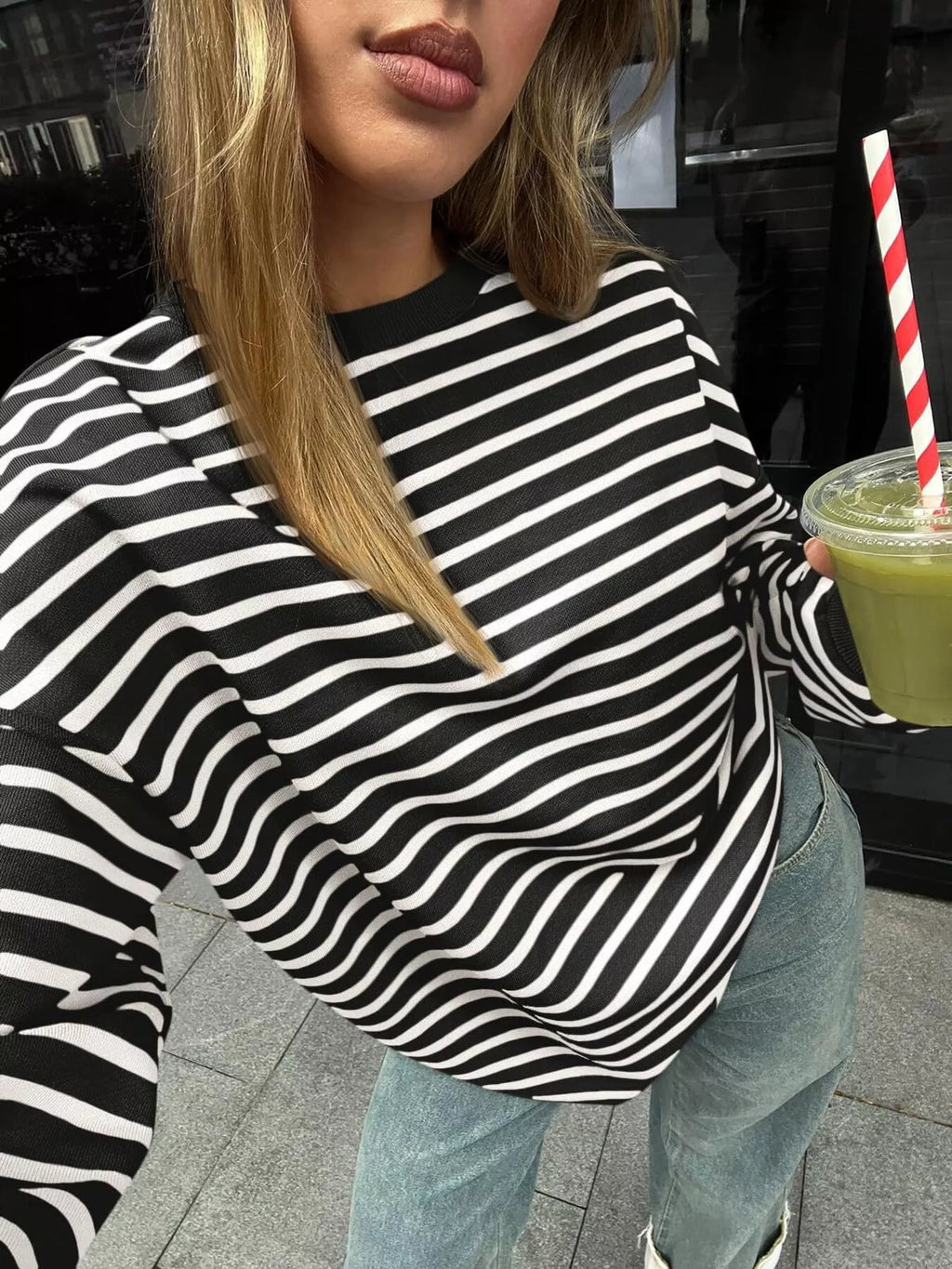 Striped Round Neck Oversized Casual Sweatshirt