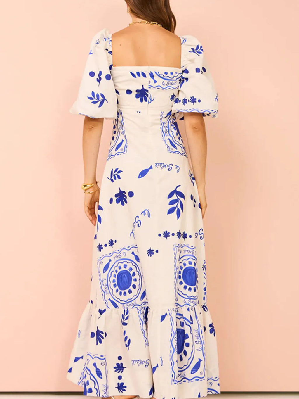 Floral Square Neck Puff Sleeve Maxi Dress with Ruffle Hem