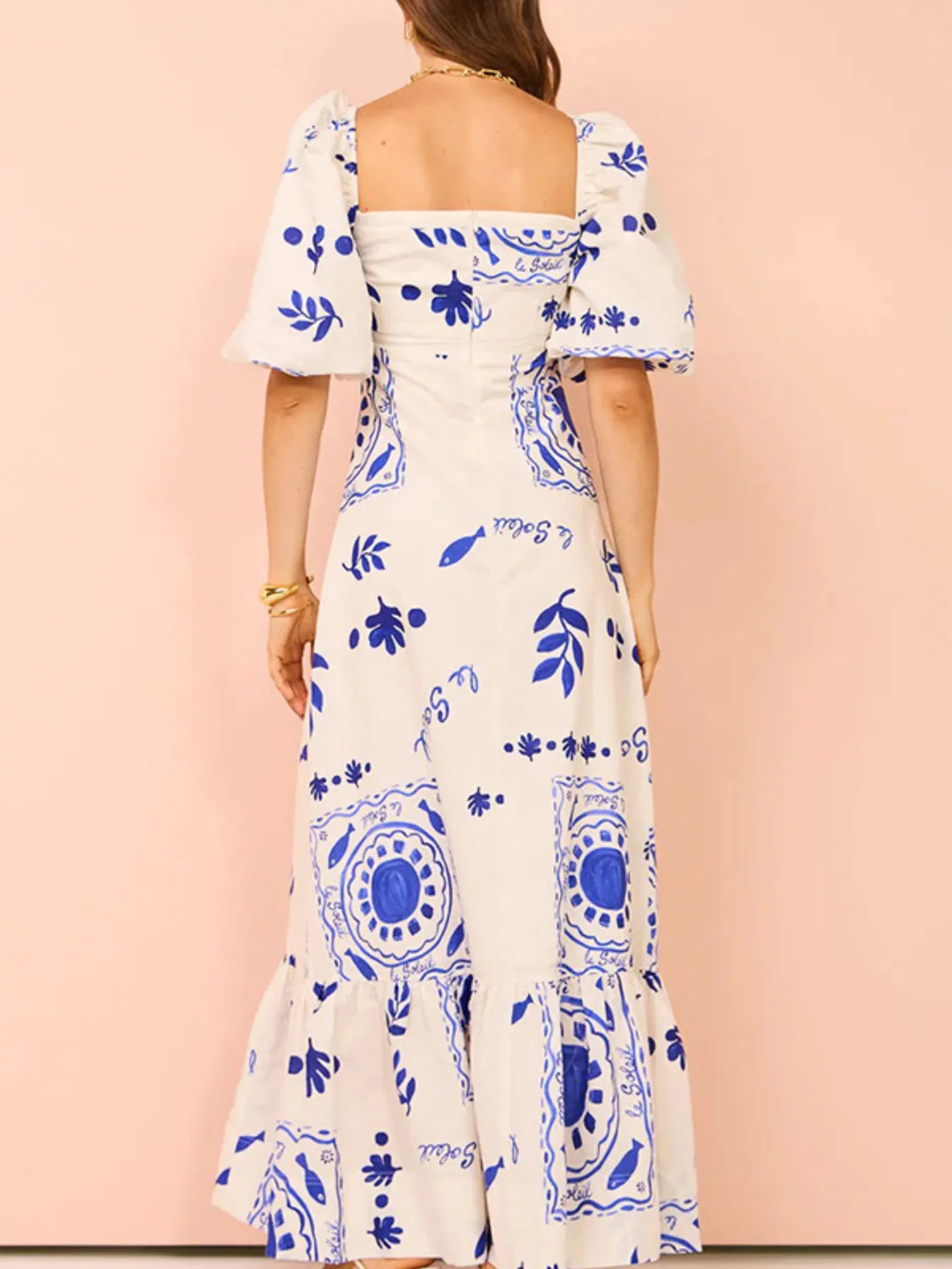 Floral Square Neck Puff Sleeve Maxi Dress with Ruffle Hem
