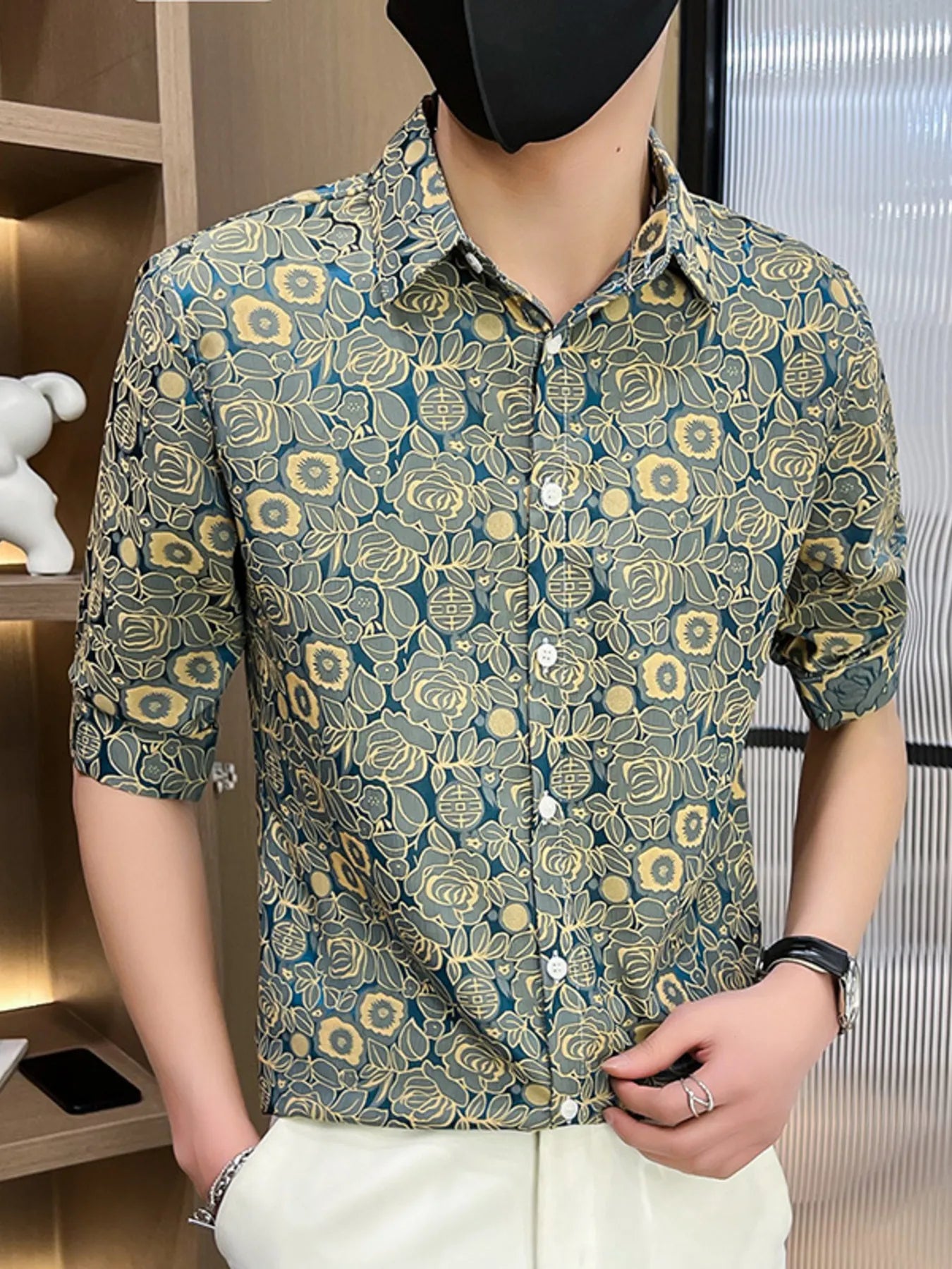 Men's Plus Size Floral Lace Slim Fit Shirt