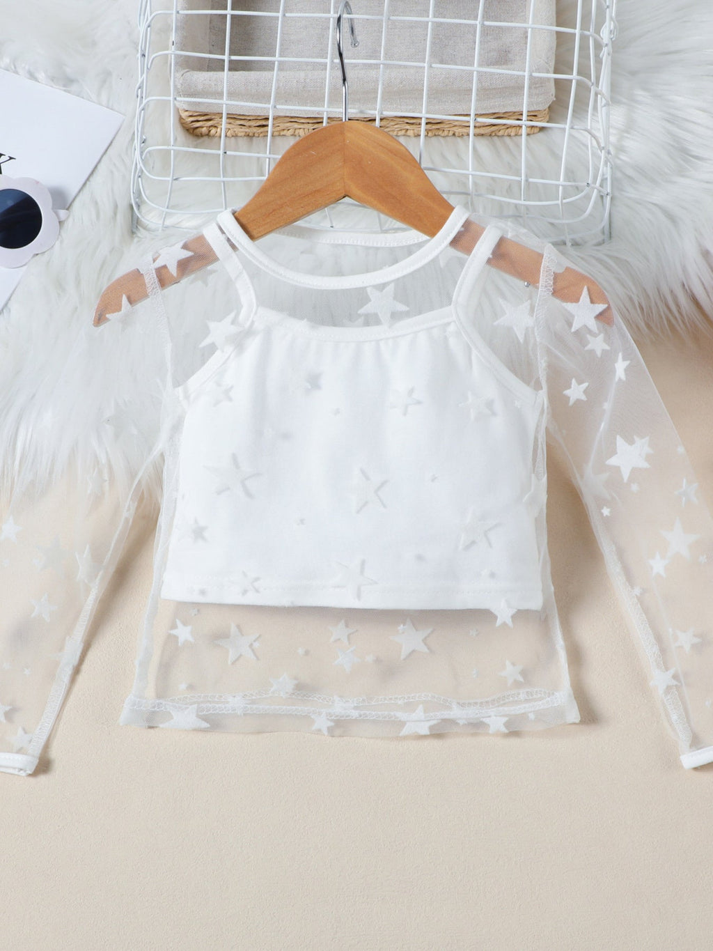 Children's Cami & Star Print Mesh Top & Ruffle Denim Skirt Set