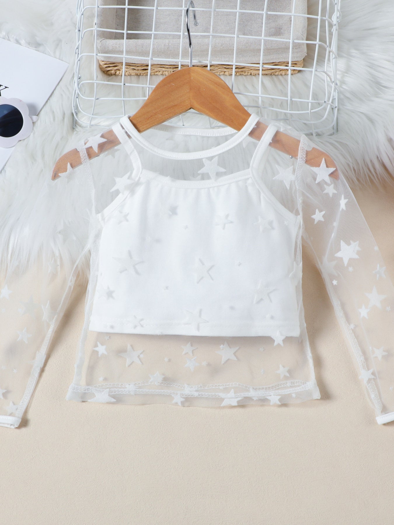 Children's Cami & Star Print Mesh Top & Ruffle Denim Skirt Set