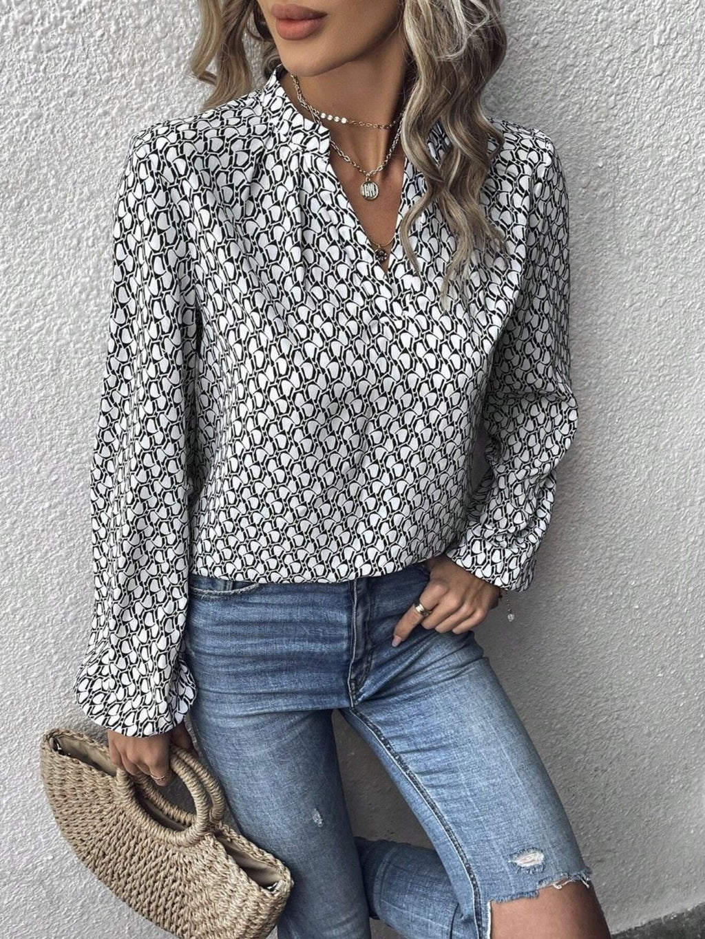 Printed Notched Balloon Sleeve Blouse