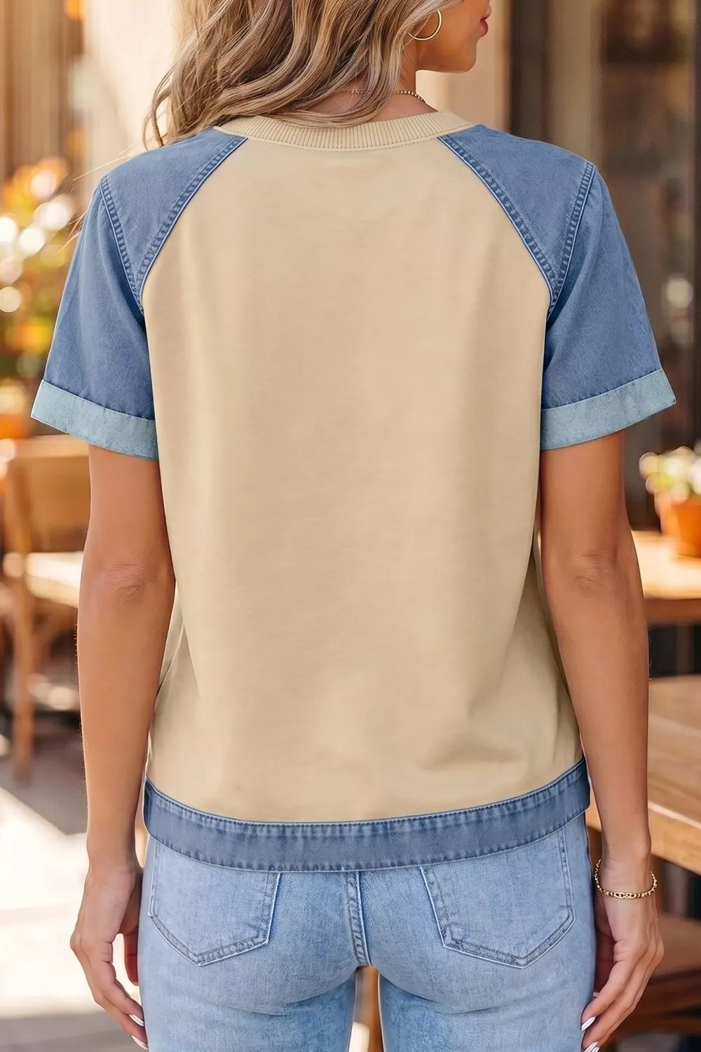 Denim Color Block Patchwork Round Neck Tee