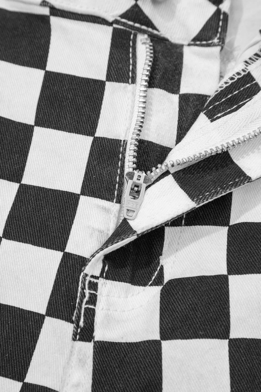 Checkerboard Print Distressed Holes Raw Edge Cropped Jeans