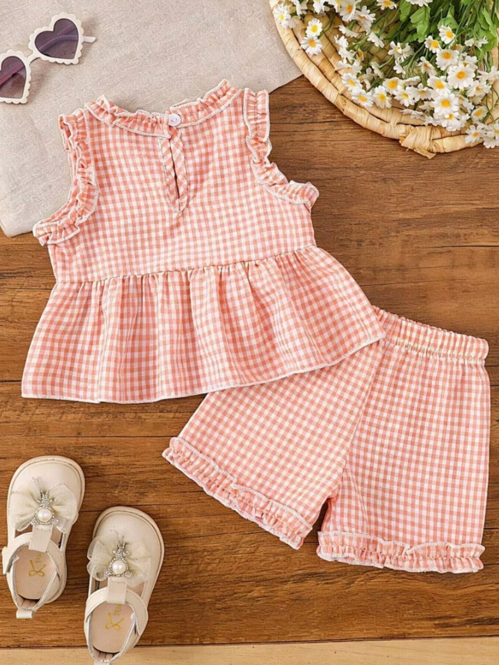Children's Gingham Ruffle Trim Tank Top & Shorts Set