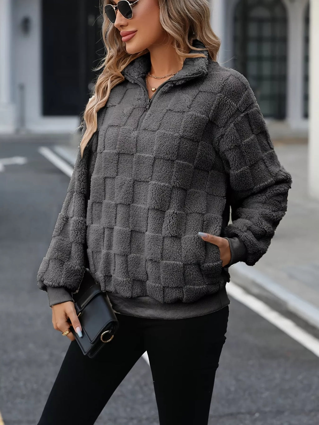 Cozy Checkered Fleece Quarter Zip Sweatshirt