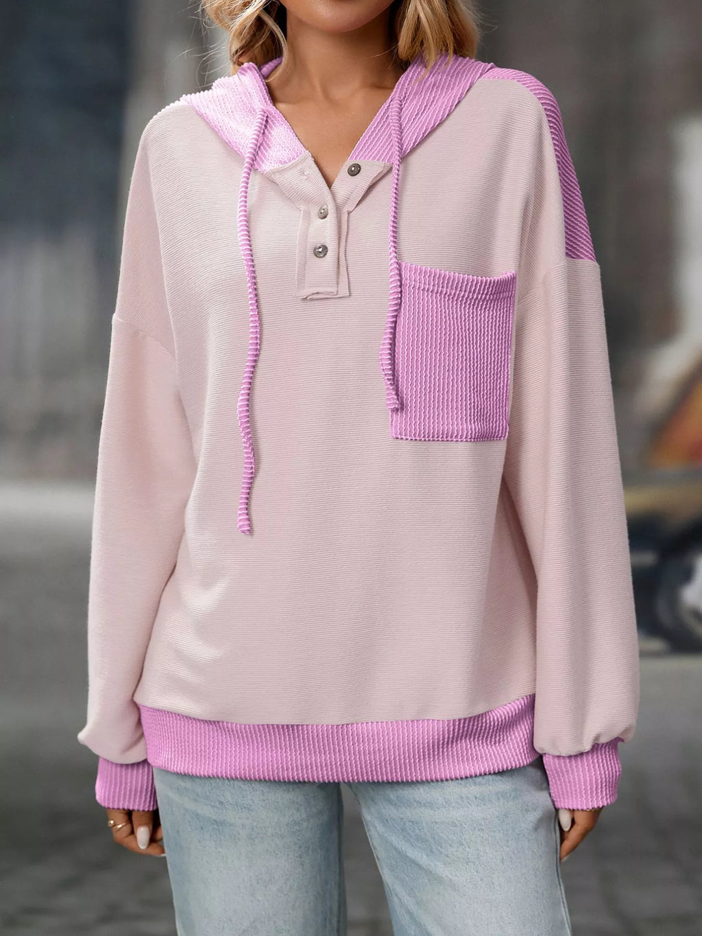 Casual Color Block Button Detail Hoodie