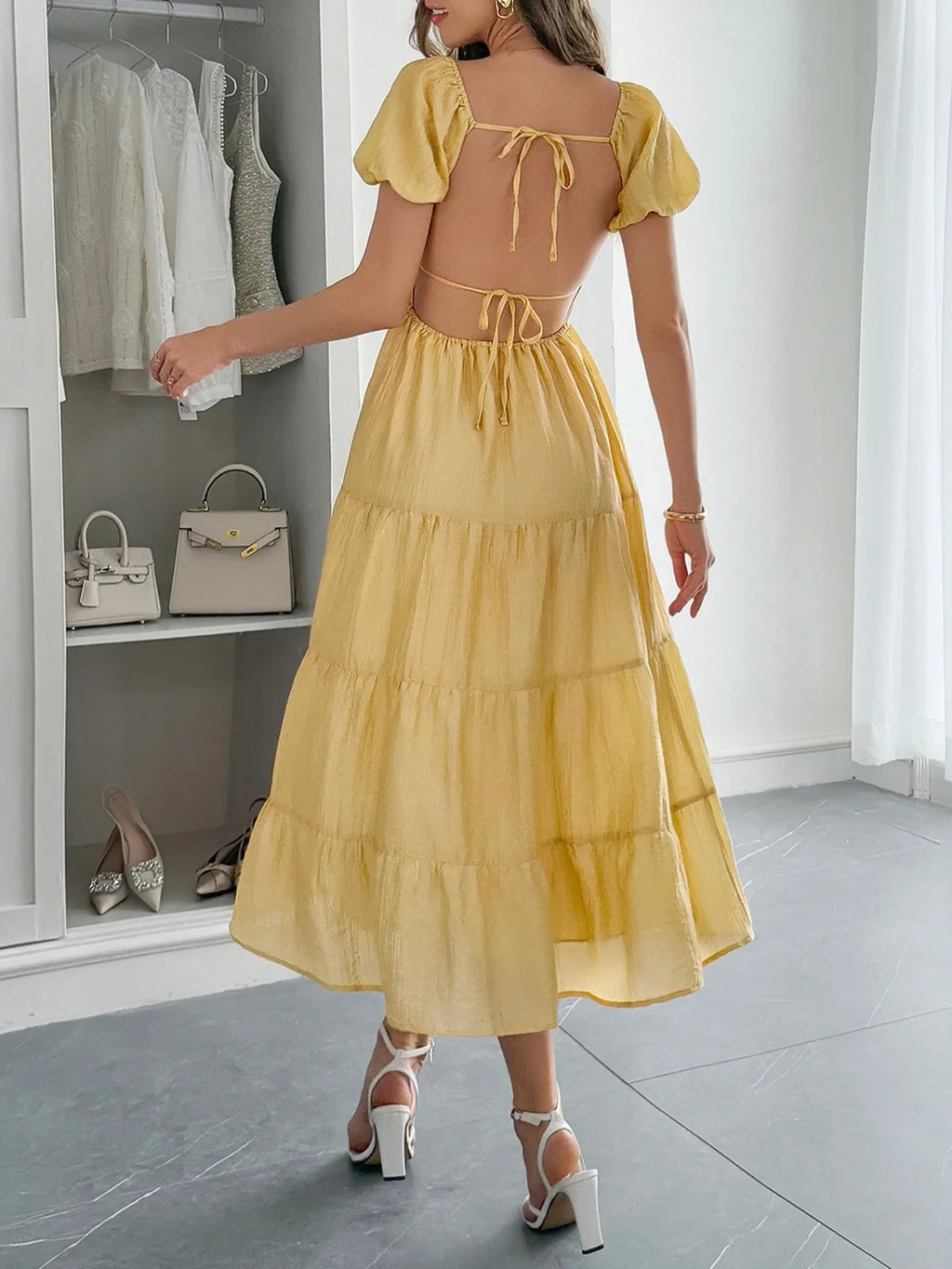 V-Neck Short Sleeve Midi Dress