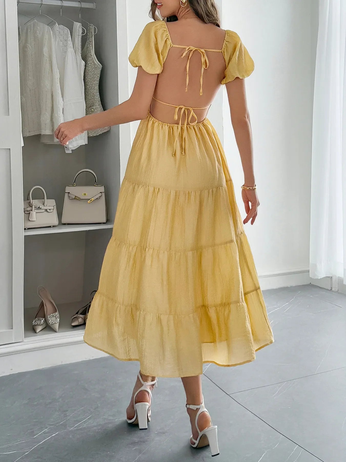 V-Neck Short Sleeve Midi Dress
