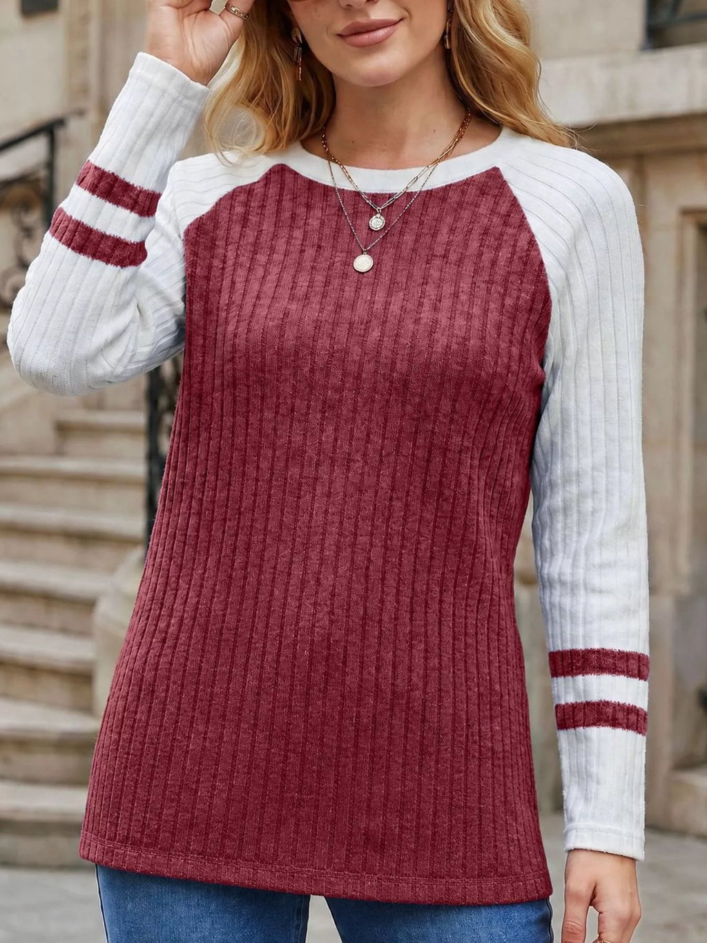 Ribbed Raglan Sleeve T-Shirt