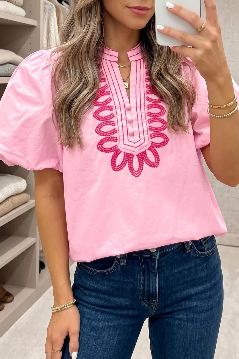Embroidered Detail Puff Sleeve Cotton Blouse