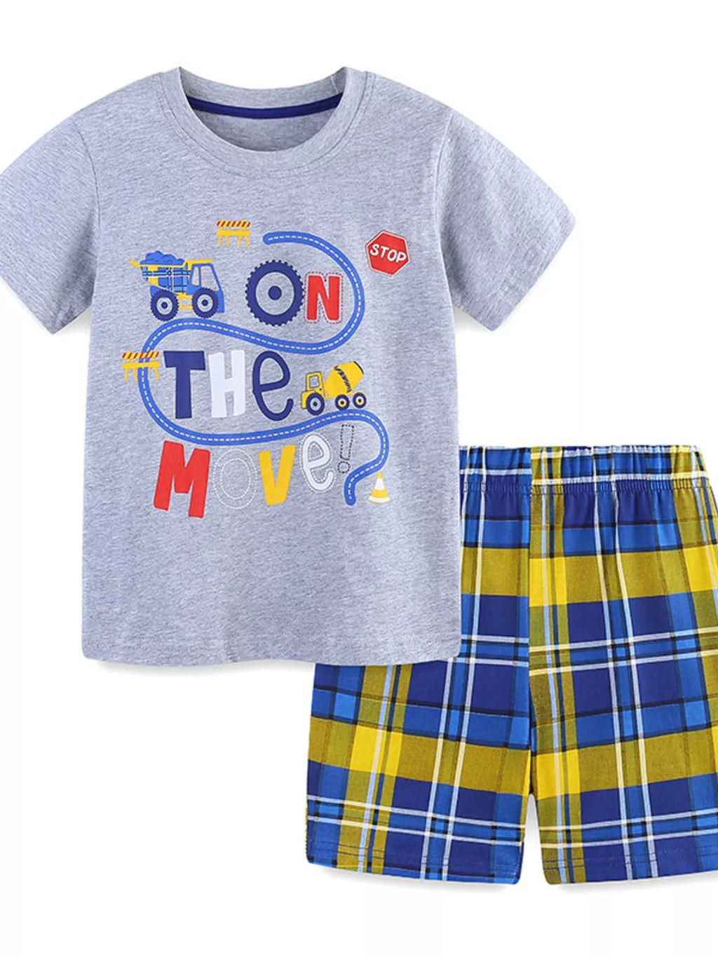 Children's Construction Truck & Traffic Sign Graphic T-Shirt and Plaid Shorts Set