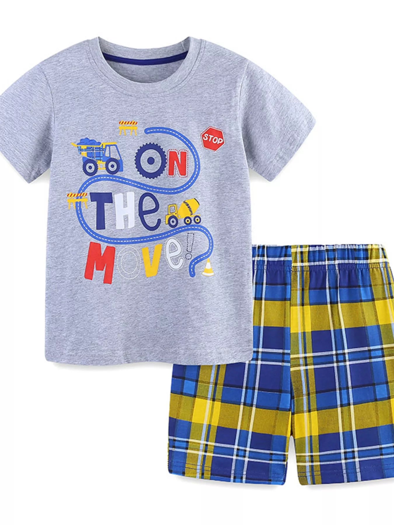 Children's Construction Truck & Traffic Sign Graphic T-Shirt and Plaid Shorts Set