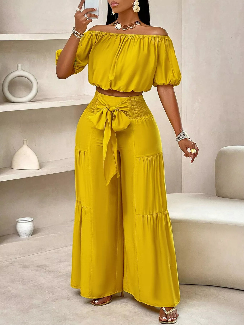 Elegant Off-Shoulder Crop Top and Ruched Wide Leg Pants Set