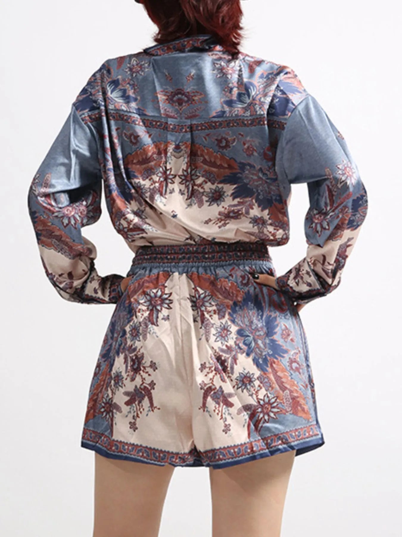 Printed Button Front Long Sleeve Shirt and Shorts Set