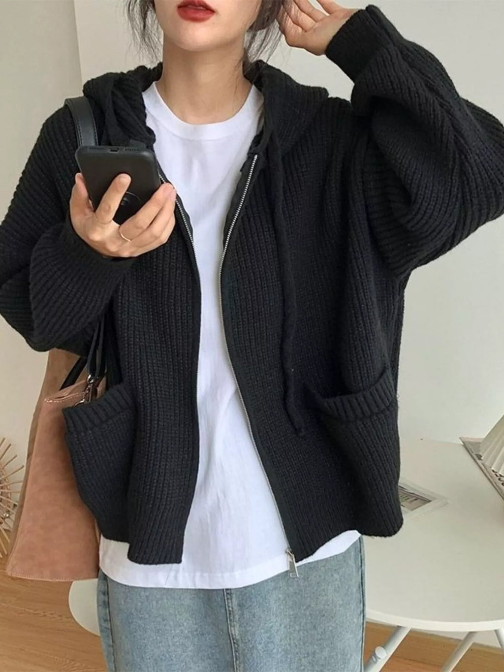 Full Size Casual Knitted Zip-Up Hooded Cardigan Plus Size