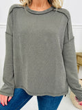 Twist Ribbed Exposed Seam Detail Long Sleeve Loose Top