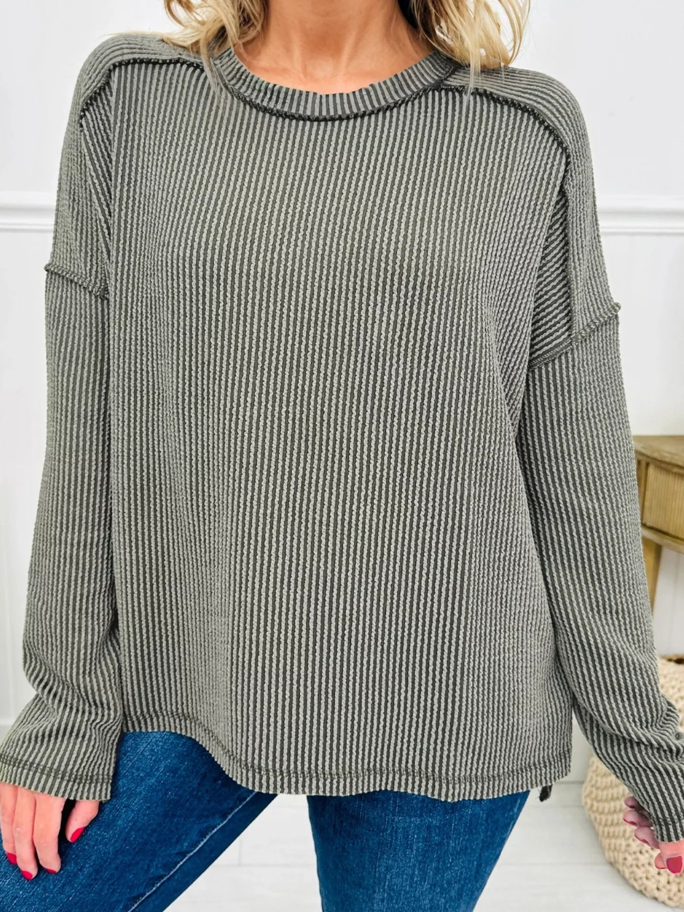Twist Ribbed Exposed Seam Detail Long Sleeve Loose Top