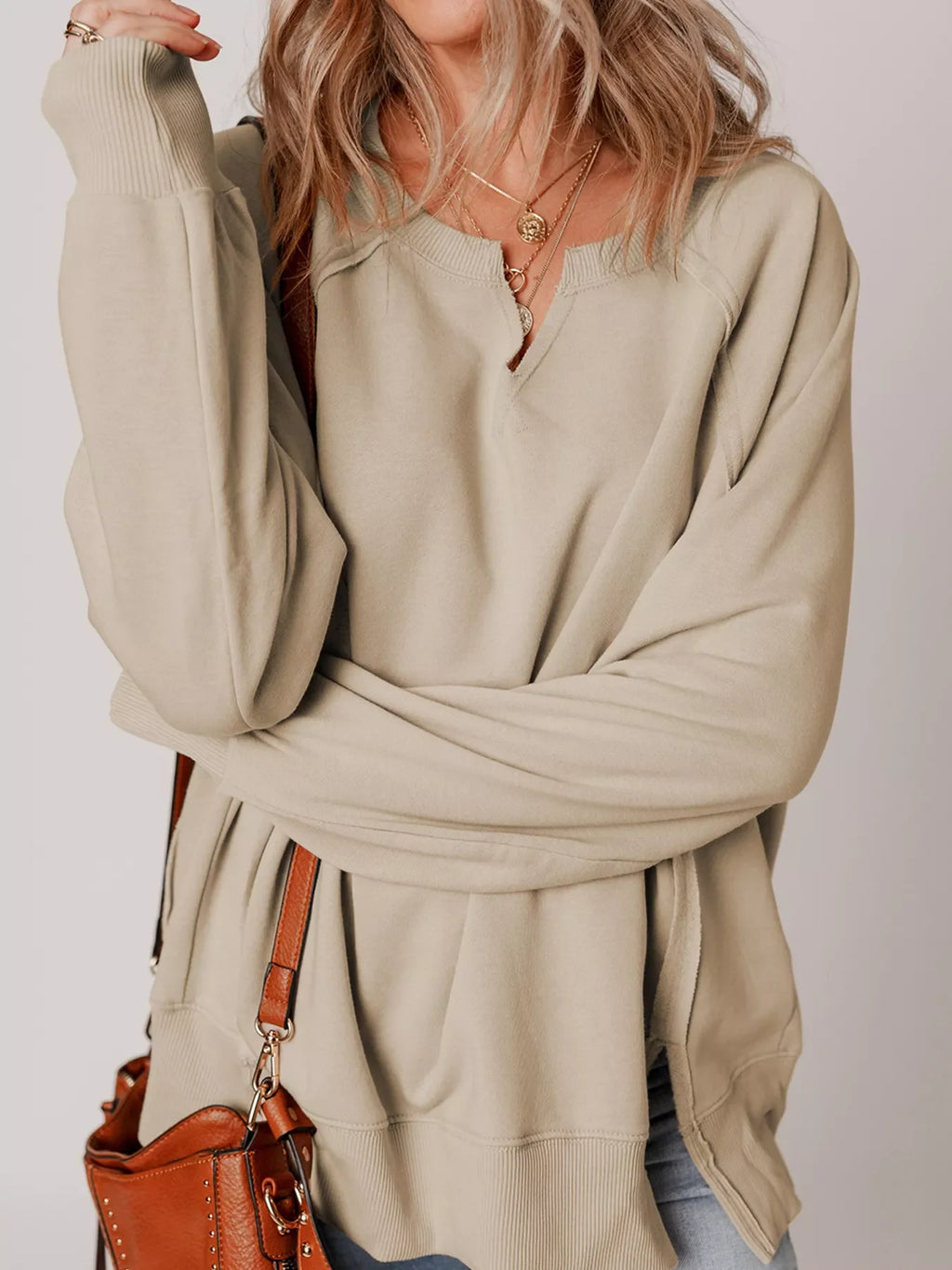 Raw Edge Exposed Seam Raglan Sleeve Side Slit Sweatshirt