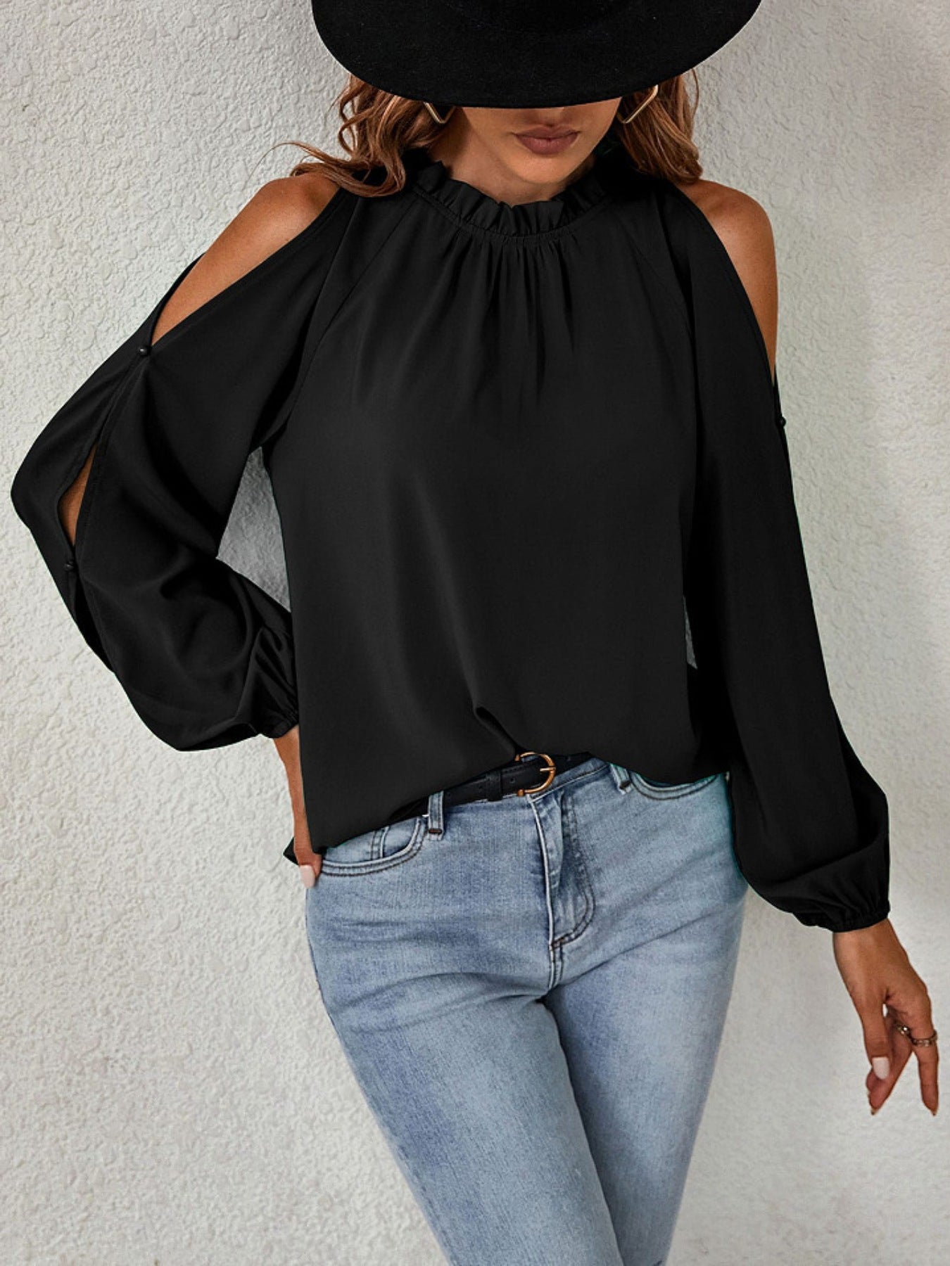 Cold Shoulder Frill Neck Blouse